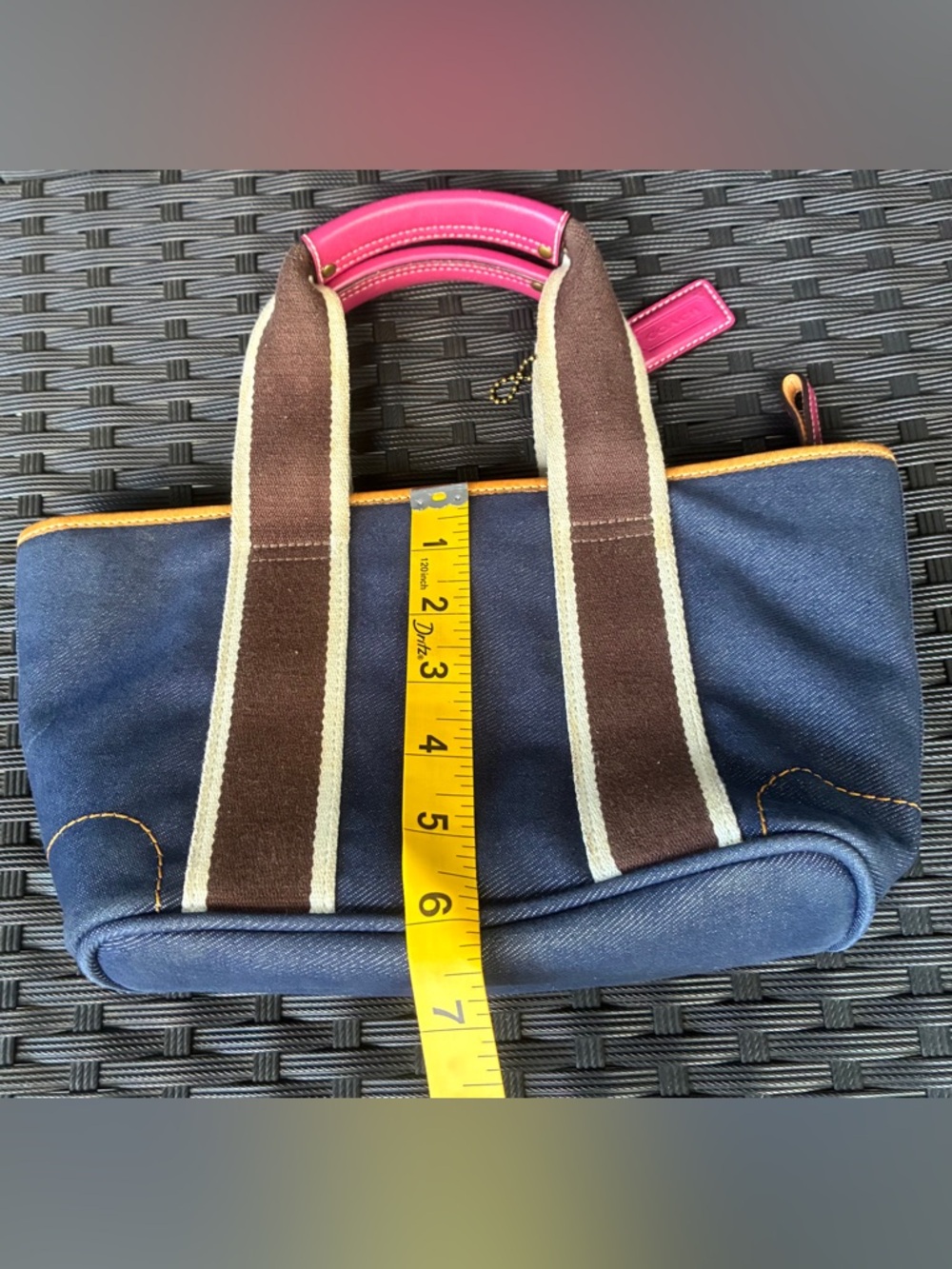 Coach Navy Denim Tote with Brown Straps and Pink Trim - Picture 4 of 16